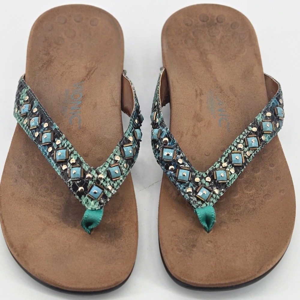 Vionic Floriana Turquoise Teal Snake Jeweled Comfort Thong Sandal Women 11 Boho